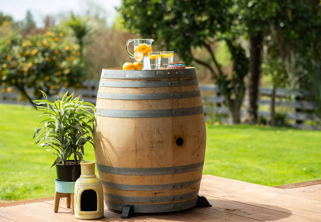 OAKENZ barrel feet lifting  wine barrel off wooden deck