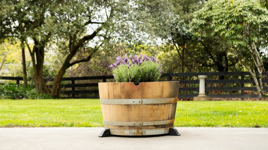 OAKENZ barrel feet lifting half wine barrel planter off concrete