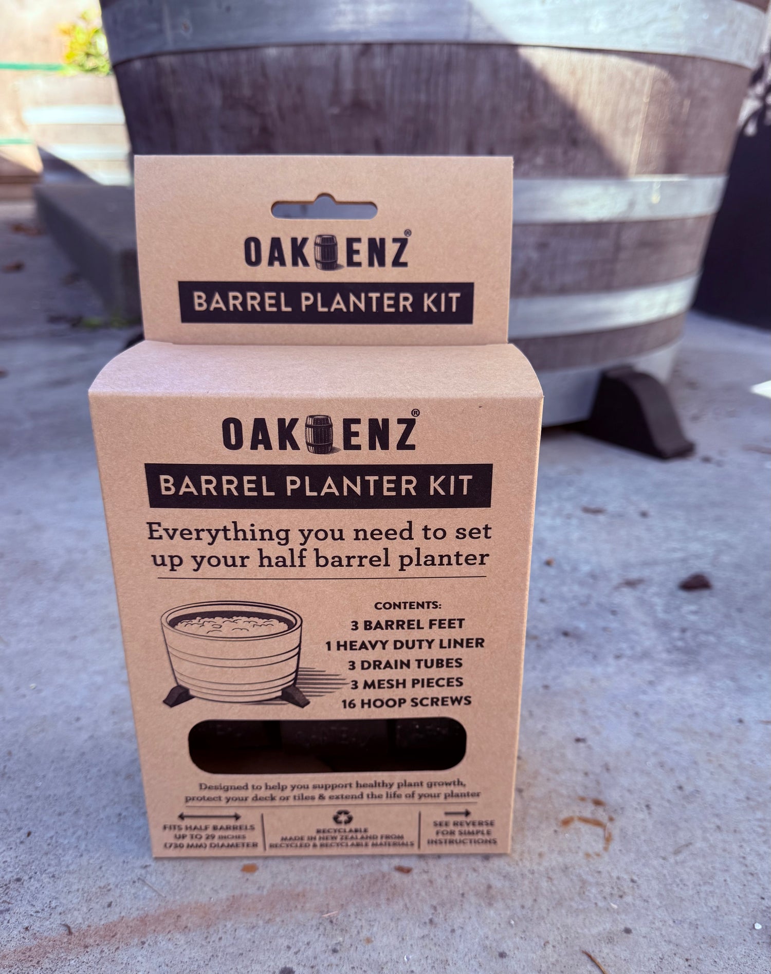 retail packaging for OAKENZ Barrel Planter Kit