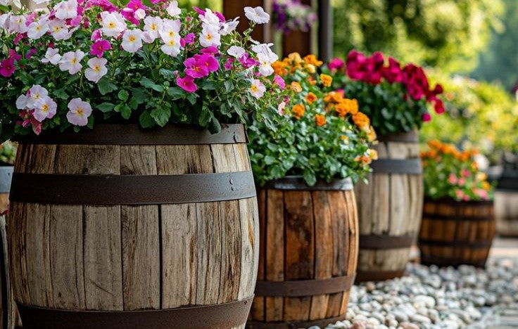 Barrel Planters thriving by using OAKENZ Barrel Liners