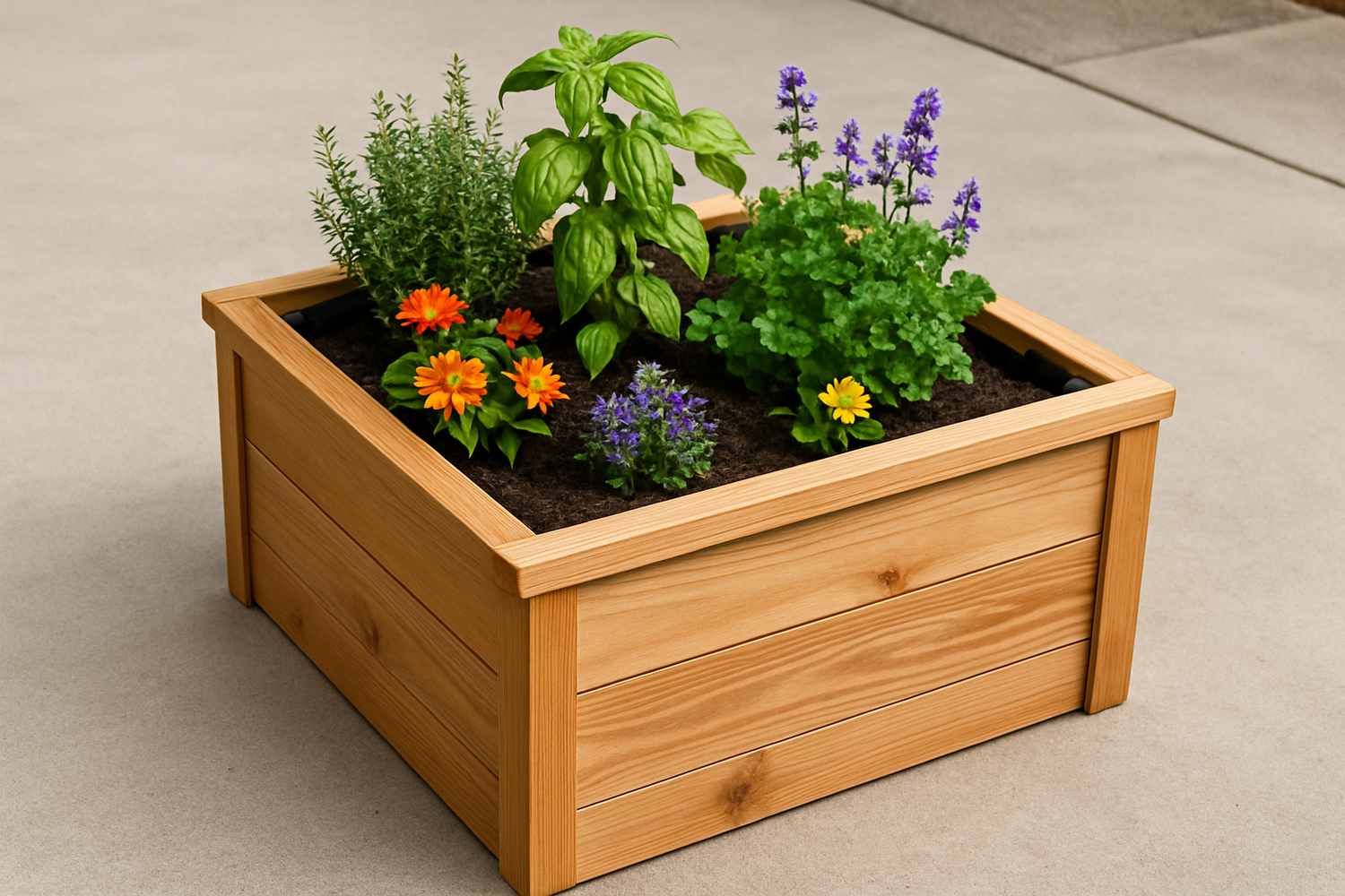 Square wooden planter using OAKENZ liber bag to prevent rot