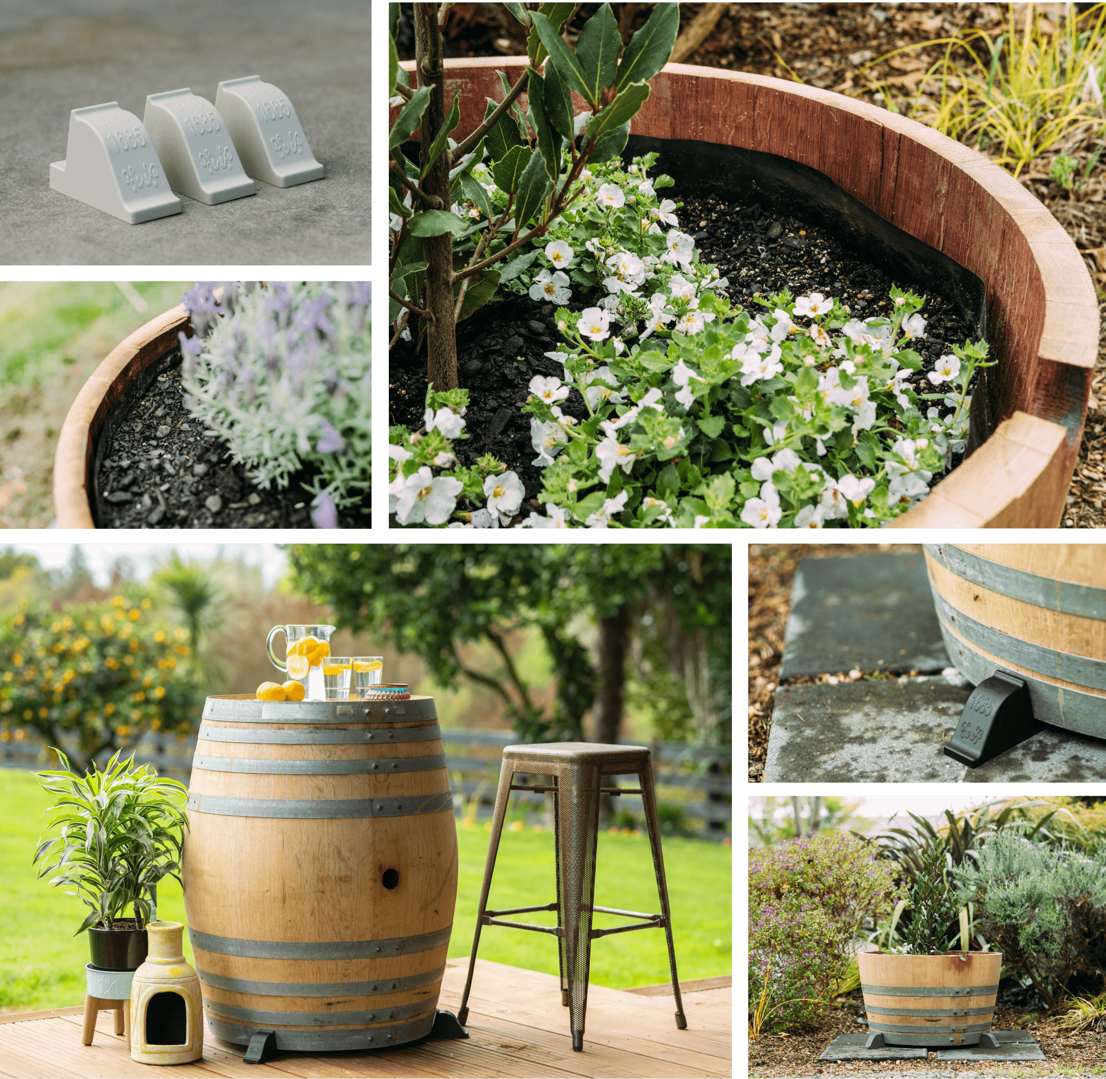 OAKENZ Barrel Liners and Barrel feet used on whole wine barrels and half wine barrel planters