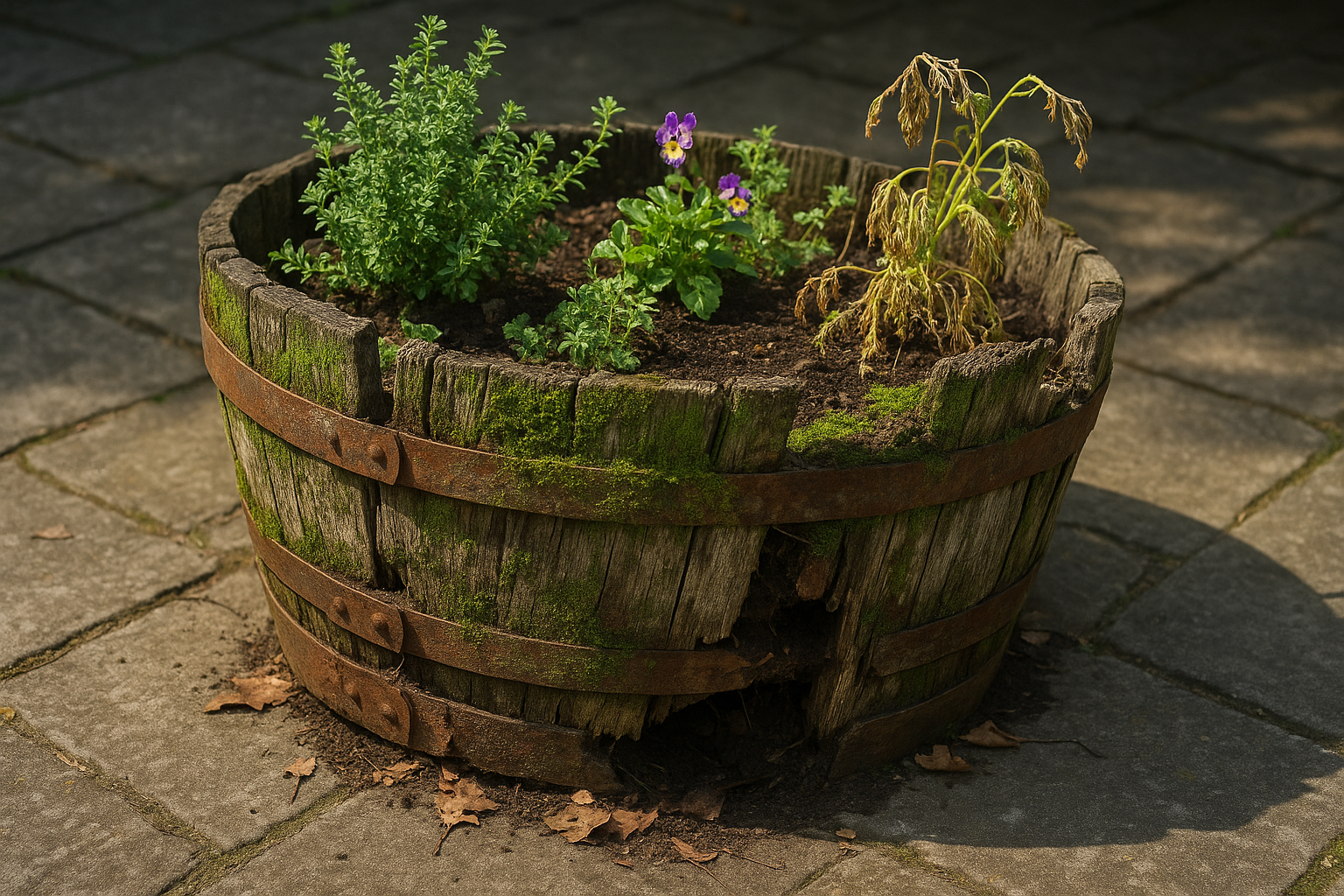Rotten half barrel planter